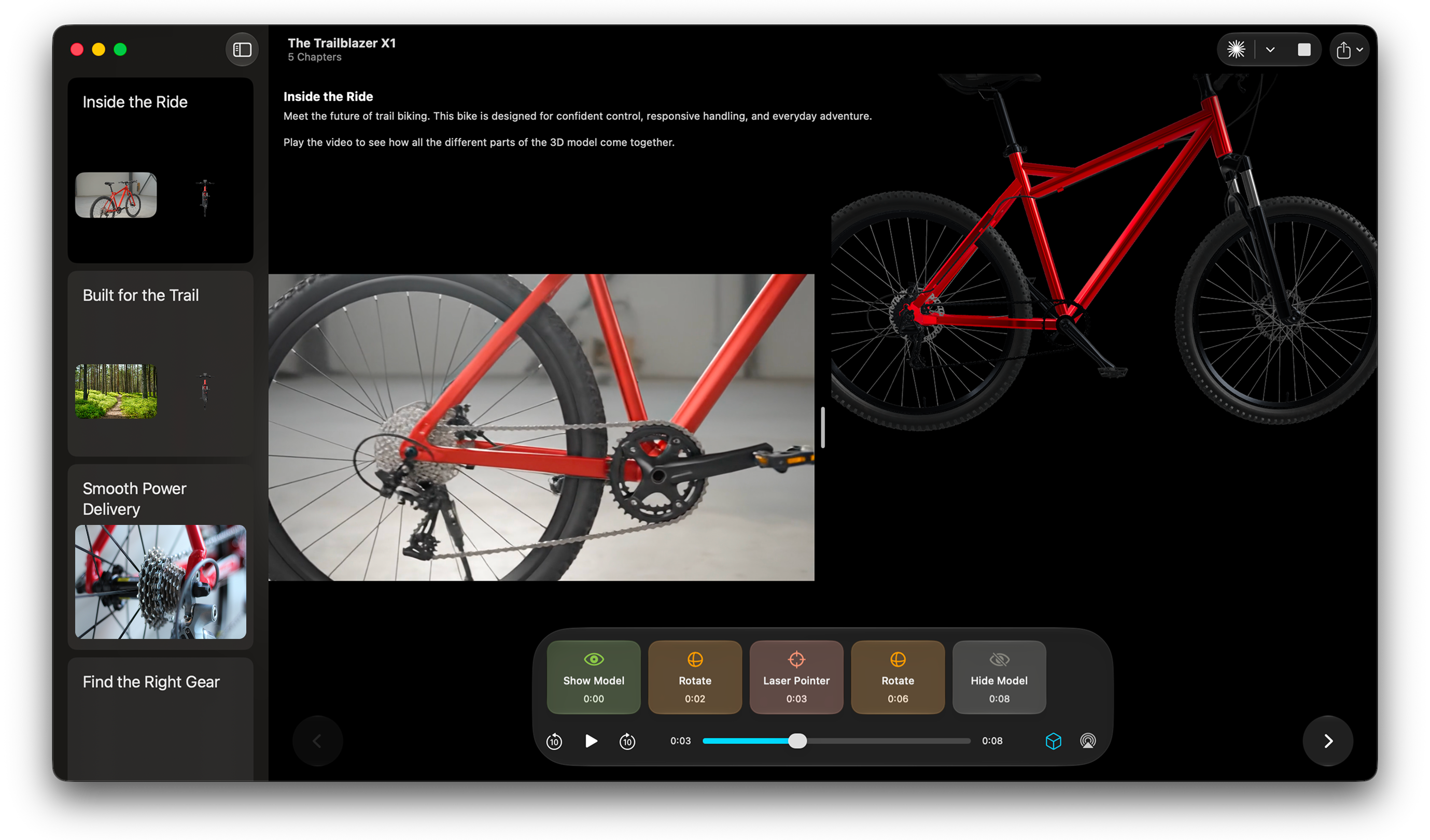 Animant presenting video beside an interactive 3D mountain bike